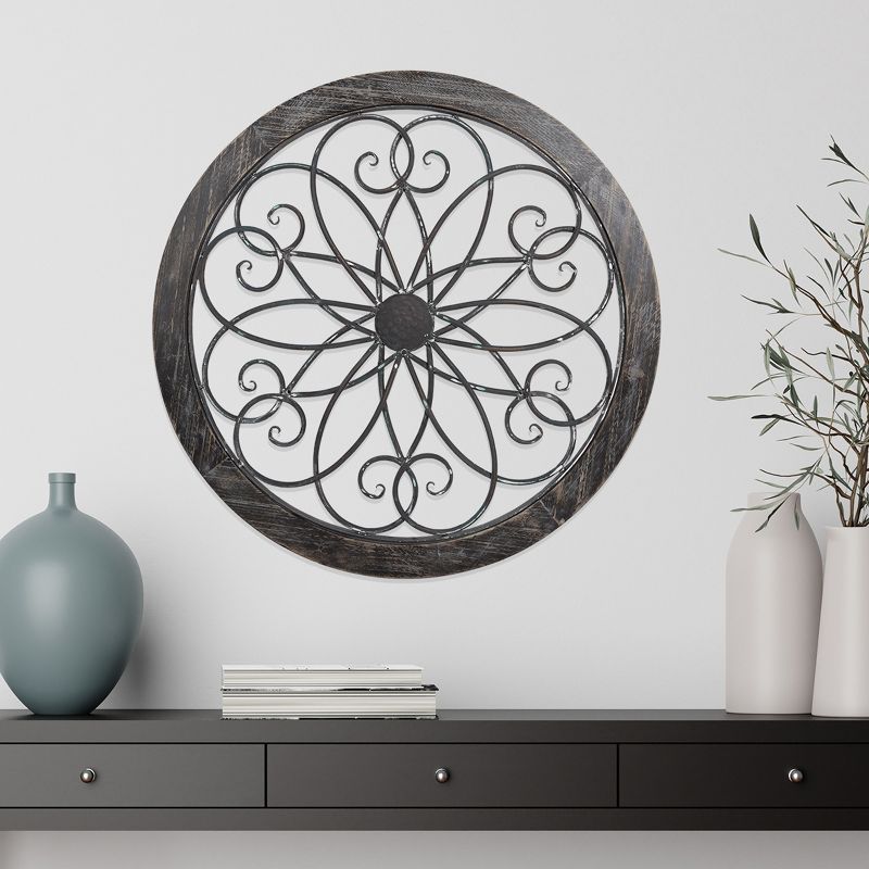 Medallion Metal Wall Art- 24 Inch Round Iron Scrollwork, Flower & Wood Frame Home Decor in Gray, Hand Crafted- Mounting Screws Included by Lavish Home, 2 of 8