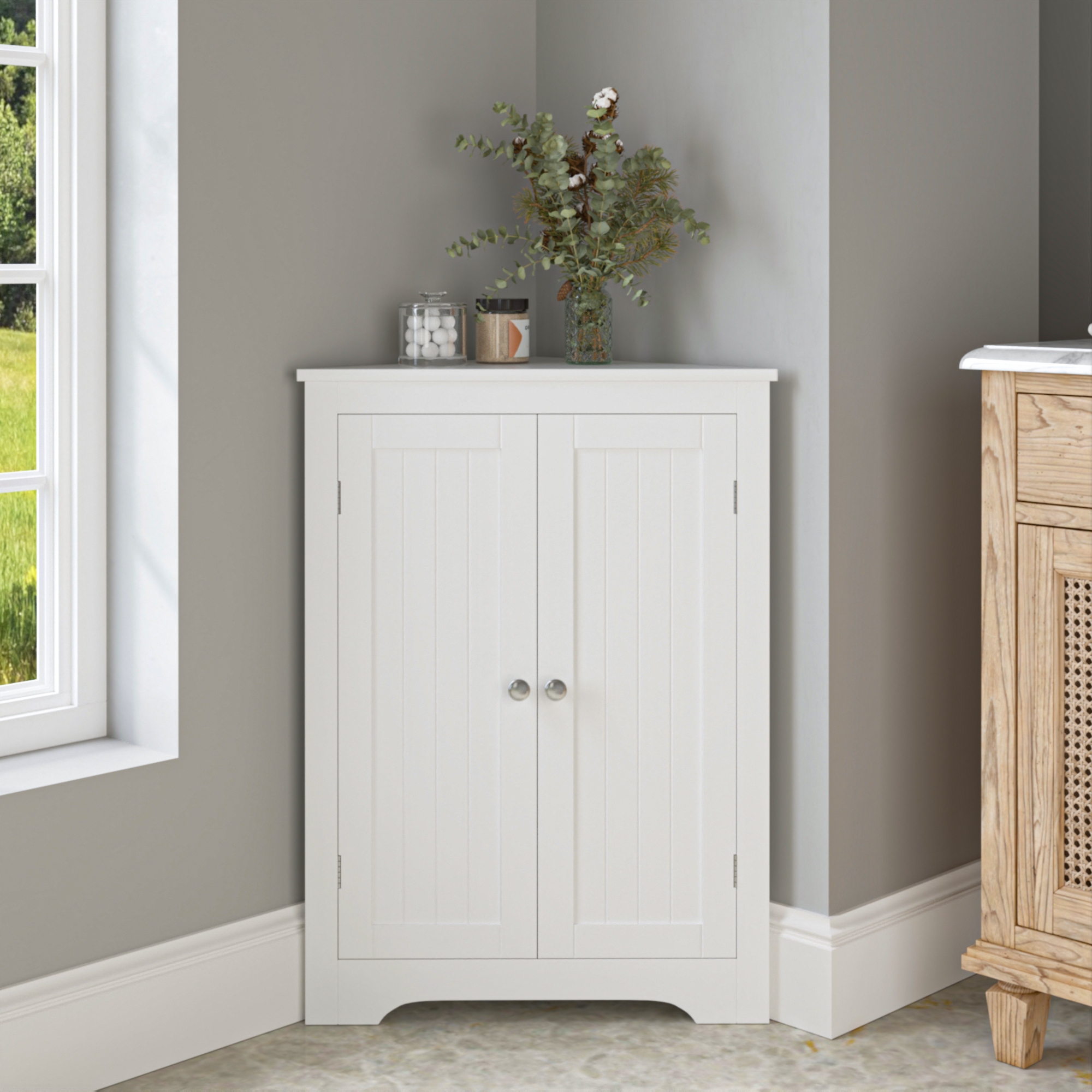 KTMBDW Modern Floor Corner Cabinet with 2 Doors and Adjustable Shelves, Freestanding Narrow Cabinet Organizer for Bathroom, Kitchen, Living Room,White