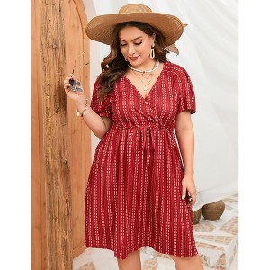 Plus Size Women's Wrap V-Neck Short Sleeve Dress with Drawstring Waist Flowy Midi Summer Dress - 1 of 4
