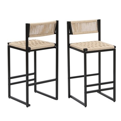 VYNXARIA Set of 2 Woven Bar Stools with Backrest Paper Rope Weave Dining Chairs for Kitchen Island (Style B Black & Creamy White)