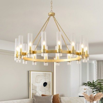 PAKOKULA 49.2 in. 16-Light Gold Wagon Wheel Chandelier with Clear Glass Shades, Modern Dimmable Fixture for Dining Room