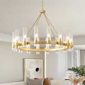 PAKOKULA 49.2 in. 16-Light Gold Wagon Wheel Chandelier with Clear Glass Shades, Modern Dimmable Fixture for Dining Room - 1 of 4