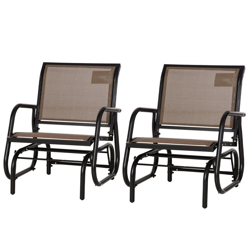 Outsunny 2 Piece Outdoor Glider Chair Set, Swing Chair with Breathable Mesh Fabric, Curved Armrests for Porch, Garden, Poolside, Balcony, Brown, 4 of 7
