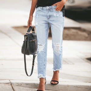 Clearlove Women's Parisian Stretch Denim Trousers Comfort Fit Distressed Detail Relaxed Leg Casual Pants - 1 of 3