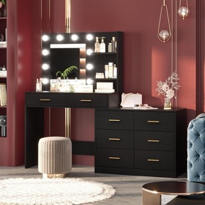 61" Make up Vanity Desk with Mirror and Lights, 3 Lighting Modes Vanity Organizer with Adjustable Brightness, Pink Vanity with 8 Storage Large Drawer - 1 of 4