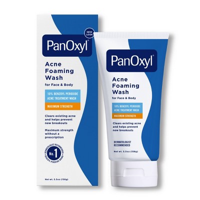 PanOxyl Maximum Strength Antimicrobial Acne Foaming Wash for Face, Chest and Back with 10% Benzoyl Peroxide - Unscented - 5.5oz