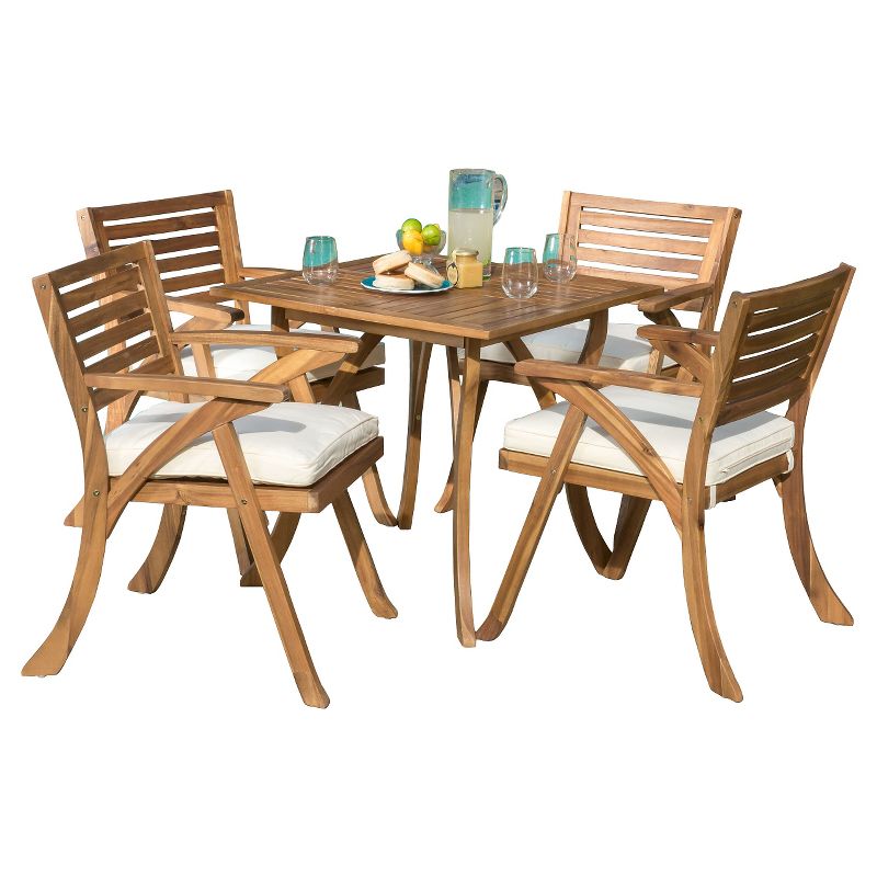 Hermosa 5pc Acacia Wood Patio Dining Set with Cushions - Teak Finish - Christopher Knight Home, 3 of 6