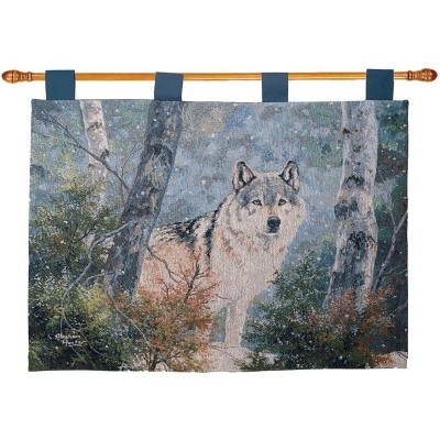Manual Woodworkers and Weavers Snowy Silence Wolf Tapestry Wall Hanging, 36W x 26L Inches, Woven Wildlife Decor for Rustic Interiors