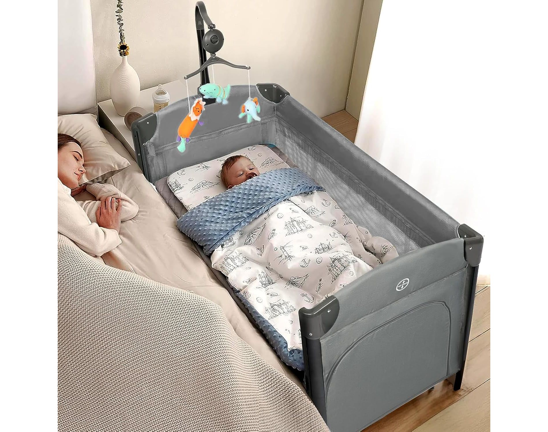 JOYMOR Baby Bedside Bassinet, Baby Bassinet, Pack n Play Convert Playpen, Quick Foldable Travel Bed with Wheels & Brake,,also with mattress