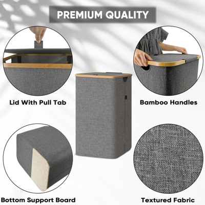 Gray Fabric Tall Laundry Hamper with Bamboo Lid and Handles