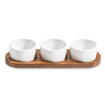 White Ceramic Condiment Set with Acacia Wood Base and Lids