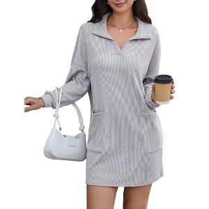 Women's Polo Collar Knit Mini Dress - Long Sleeve Loose Fit Shift Dress with Pockets - 1 of 2