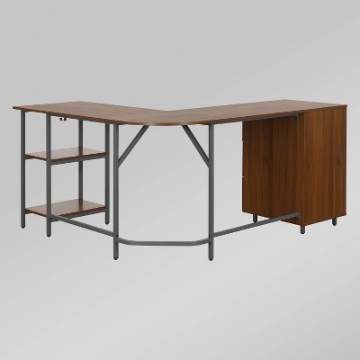 Rustic Walnut Wood Corner Gaming Desk with Drawer Storage
