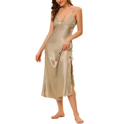 Cheibear Women's Spaghetti Strap Nightdress Cami Satin Pajama Dress Light  Khaki Small : Target