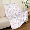 Pink Bow Flannel Blanket, Princess Style Watercolor Bow Fleece Blanket for Bedroom Sofa Dormitory, Fairy Tale Bow Ribbon Striped Pink White Blanket - 2 of 4