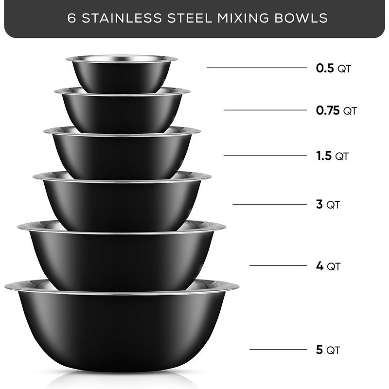 JoyJolt Stainless Steel Food Mixing Bowl Set of 6 Kitchen Mixing Bowls - Black, 3 of 7