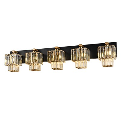 LLHZSY 3/4/5-Lights Modern Dimmable Glam Crystal Bathroom Vanity Lights - Black & Gold-New 2-Tiers Crystal Square Lamp Shade