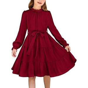 Arshiner Girls Long Sleeve Dress Tween Fall Formal Party Holiday Midi Tiered Flowy Swing Dresses with Belt - 1 of 4