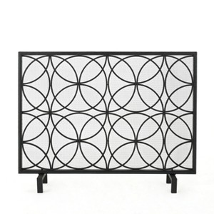 Angel Sar 41x31in Fireplace Screen with Overlapping Circle Design, Iron Fire Screen for Indoor Fireplace Safety, Black - 1 of 4