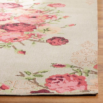 Beige and Red Floral Cotton Low Pile Area Rug
