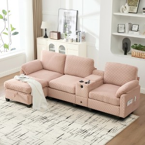 104.72''L-Shaped Sectional Sofas£¬ Corduroy Sofa with Cup Holders, USB Charging, Movable Ottoman & Storage Console for Apartment - 1 of 4