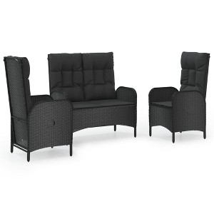 vidaXL Black Poly Rattan 3-Piece Patio Dining Set with Reclining Chairs & Cushions - Elegant Outdoor Furniture for Deck - 1 of 4