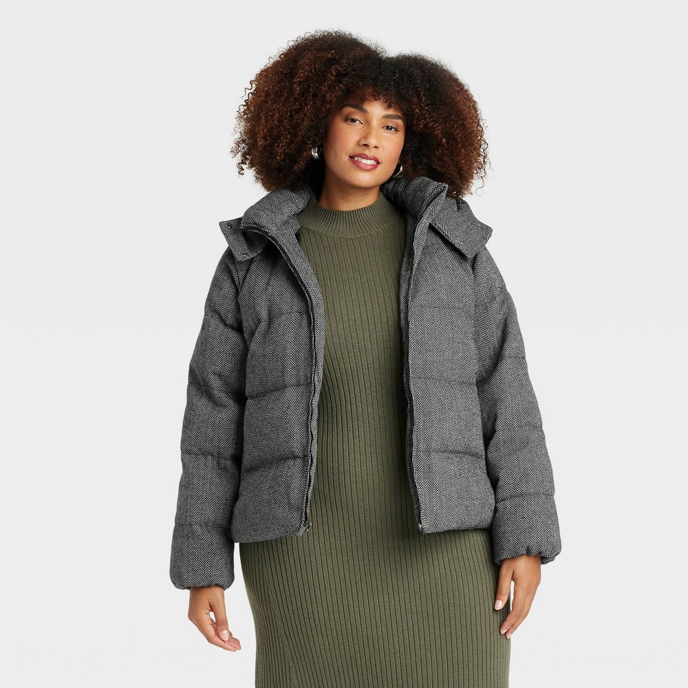 Women's Hooded Puffer Jacket - A New Day™ Gray Herringbone XXL