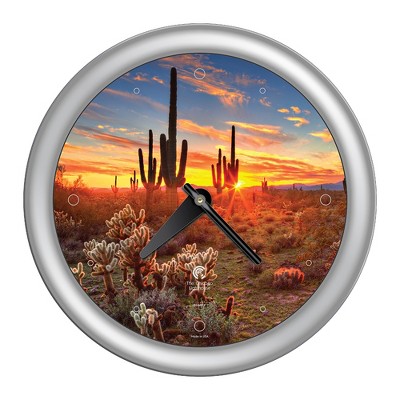 14" x 1.8" Southwest Cactus Decorative Wall Clock Silver Frame - By Chicago Lighthouse