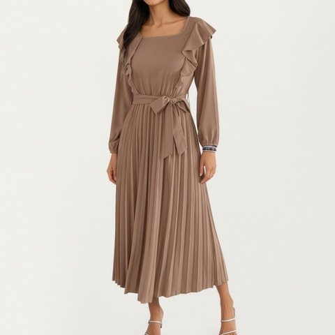 Женские платья Anna-Kaci Women's Pleated Dress with Ruffled Shoulders, Waist Tie, and Long Sleeves for a Flattering Feminine Fit - Khaki