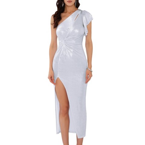 Женские платья INSPIRE CHIC Women's One Shoulder Knot Metallic Slit Hem Cocktail Maxi Dress White Medium