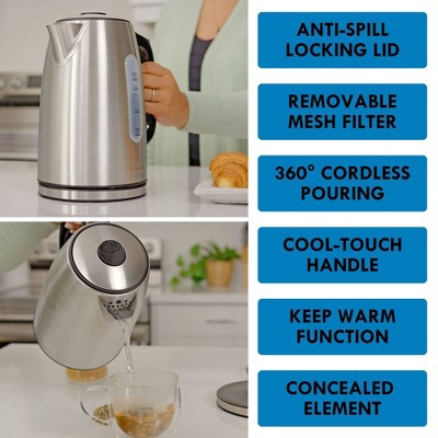Kenmore 1.7L Stainless Steel Cordless Electric Kettle with Digital Controls