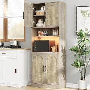71" Pantry Cabinet, Tall Rattan Kitchen Hutch with LED Lights, Freestanding Kitchen Cabinet with Microwave Shelf for Dining Room, Living Room, Oak - 1 of 4