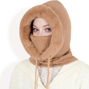 Anna-Kaci Women's Faux Fur Lined Knit Hooded Scarf with Adjustable Drawstring and Full Coverage for Winter Warmth - Khaki - 1 of 4