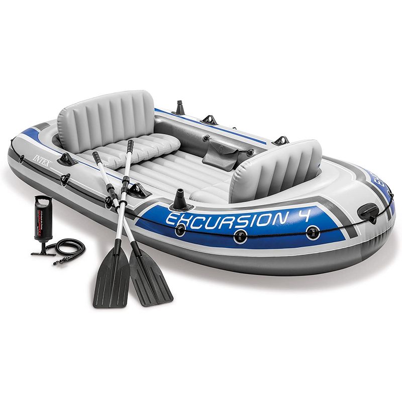 Intex Excursion 4-Person Inflatable Boat Set for Fishing and Boating with 2 Aluminum Oars, High-Output Air Pump, and Repair Kit, 1100 Pound Capacity, 1 of 8