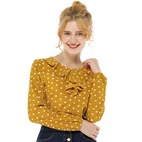 Allegra K Women's Vintage Ruffle Stand Collar Long Sleeves Polka Dots  Blouse Top White X-Small
