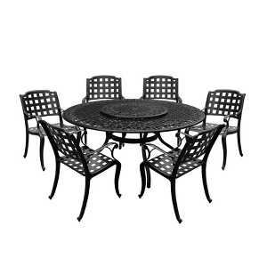 7pc Patio Dining Set with 59" Modern Ornate Outdoor Mesh Aluminum Round Table & Checker Chairs - Black - Oakland Living - 1 of 4