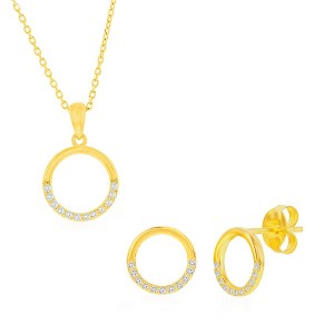 Bella Silver Sterling Silver, Polished & CZ Circle Necklace & Earrings Set - Gold Plated - Gold - 16+2 Inch - 1 of 4