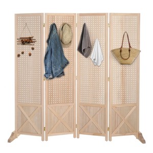VINGLI 4 Panel Freestanding Pegboard with Feet, 5 FT Wood Room Divider Display Board, Partition Space Separator for Craft Shows Retail (Natural) - 1 of 4