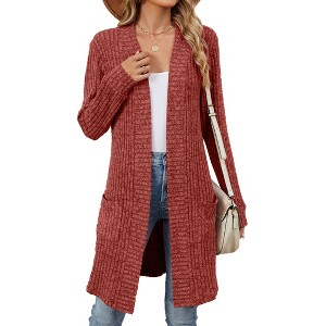 Clearlove Women's Longline Ribbed Knit Duster Coat with Pockets Solid Color Layering Essential - 1 of 4