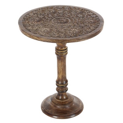 Majestic Floral Carved Dark Brown Mango Wood Round Accent Table
