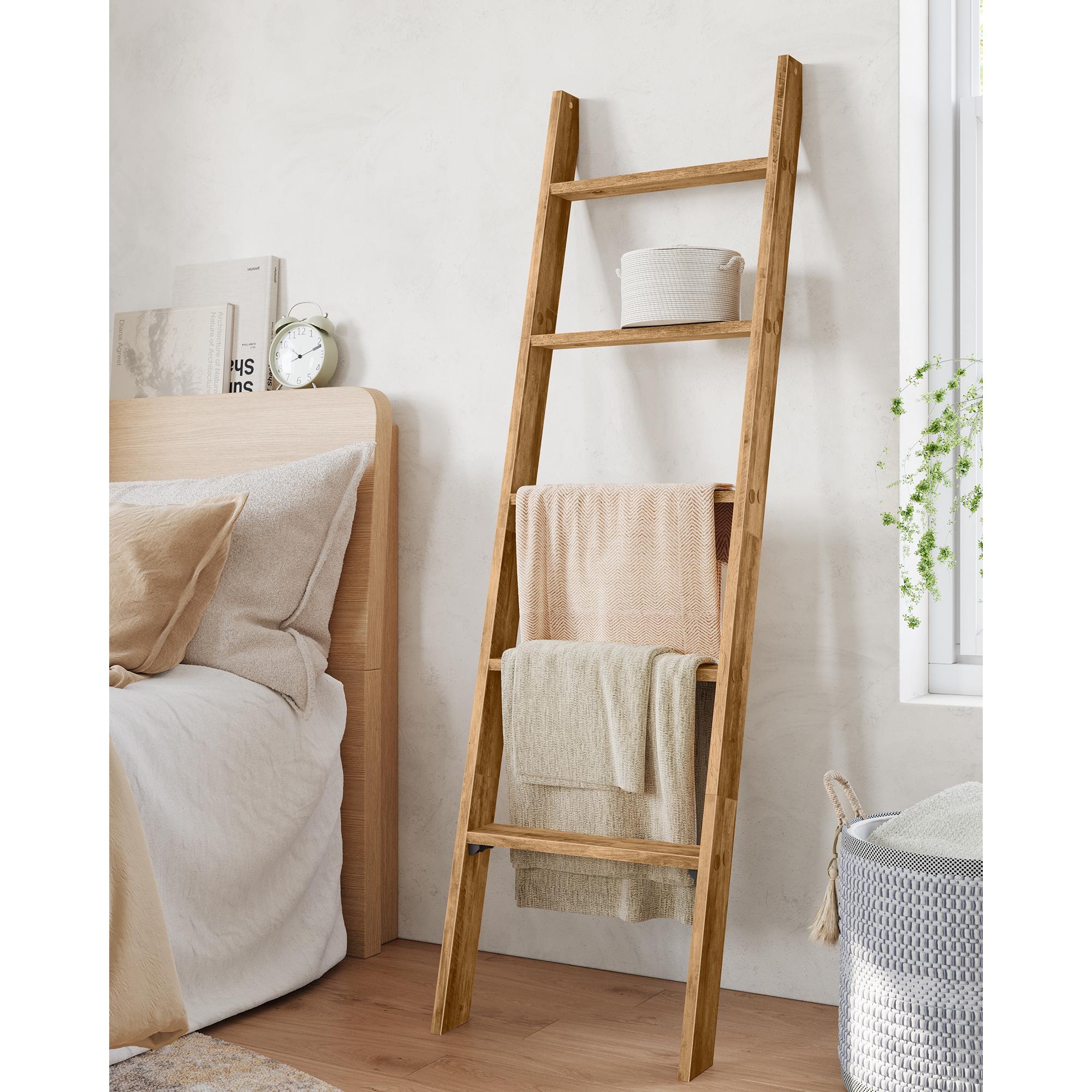 Blanket Ladder Decorative Farmhouse for The Living Room, 5-Tier Ladder Shelf, Ladder Rack for Storage and Decor, Honey Brown