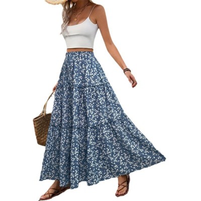 Women's High Waist Floral Tiered Maxi Skirt A-Line Ruffle Swing Beach Dress with Back Drawstring