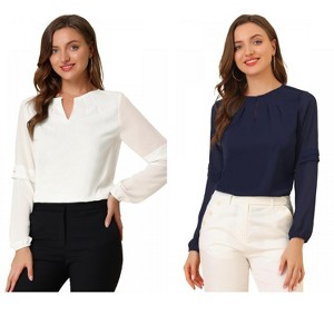 Allegra K Women's Chiffon Semi Sheer Keyhole Neck Elegant Work Blouse 2 Packs - 1 of 4