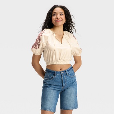 Women's Balloon Elbow Sleeve Eyelet Blouse - Universal Thread™ Cream Floral