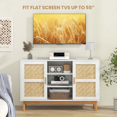 White and Natural Bamboo Woven 48" Sideboard Buffet Cabinet