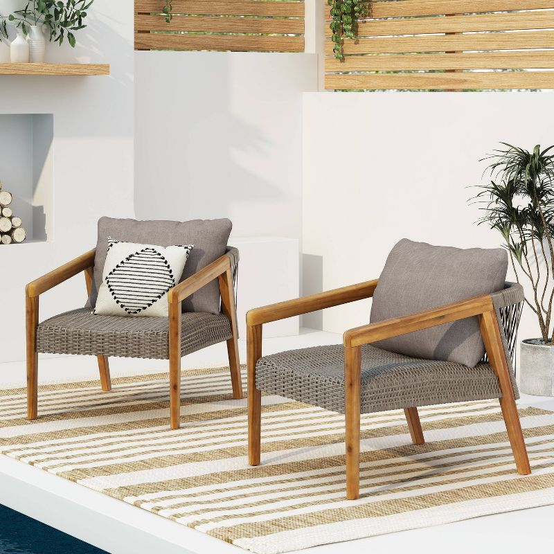 2pk Lochmere Outdoor Acacia Wood Club Chairs with Cushions Teak/Gray - Christopher Knight Home, 4 of 10