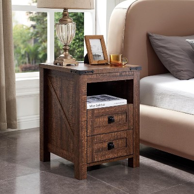 Farmhouse Nightstand wtih Charging Station, 18" End Table Side Table with 2 Drawers for Bedroom, Living Room
