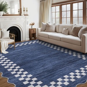 Large Dining Room Rugs 10x13 Scalloped Modern Floor Carpet with Non-Slip Backing, Washable Border Accent Rugs, Foldable Geometric Indoor Mat - 1 of 4