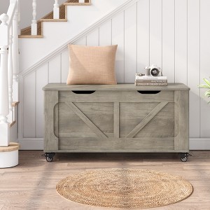 Storage Chest, Wooden Storage Bench with 4 Wheels,39.4" Storage Trunk with 2 Safety Hinges, Supports 350 Lbs, Round Corner for Entryway, Living Room - 1 of 4