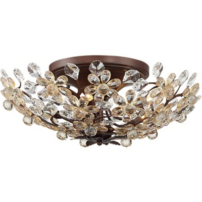 Vienna Full Spectrum Vintage Ceiling Light Semi Flush Mount Fixture Weathered Brown 21" Wide Crystal Blooms Bedroom Living Room